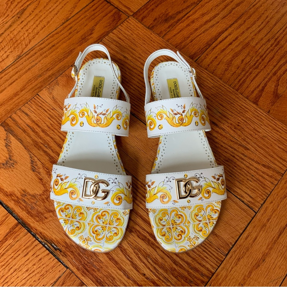Dolce & Gabbana Girl Yellow White Sandals Majolica Gialla Gold Logo Size 36